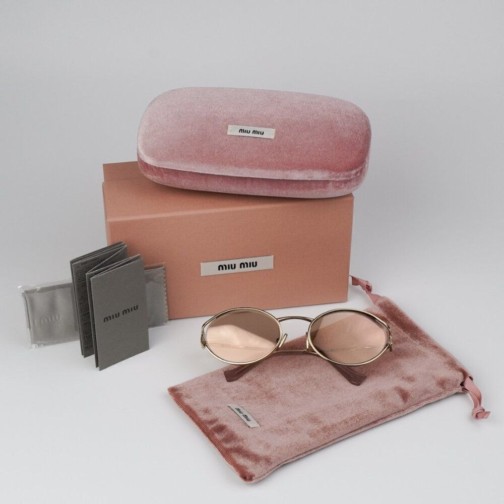 NEW Miu Miu MU52YS ZVN20F Pale Gold Pink Mirror Silver Oval Unisex Sunglasses